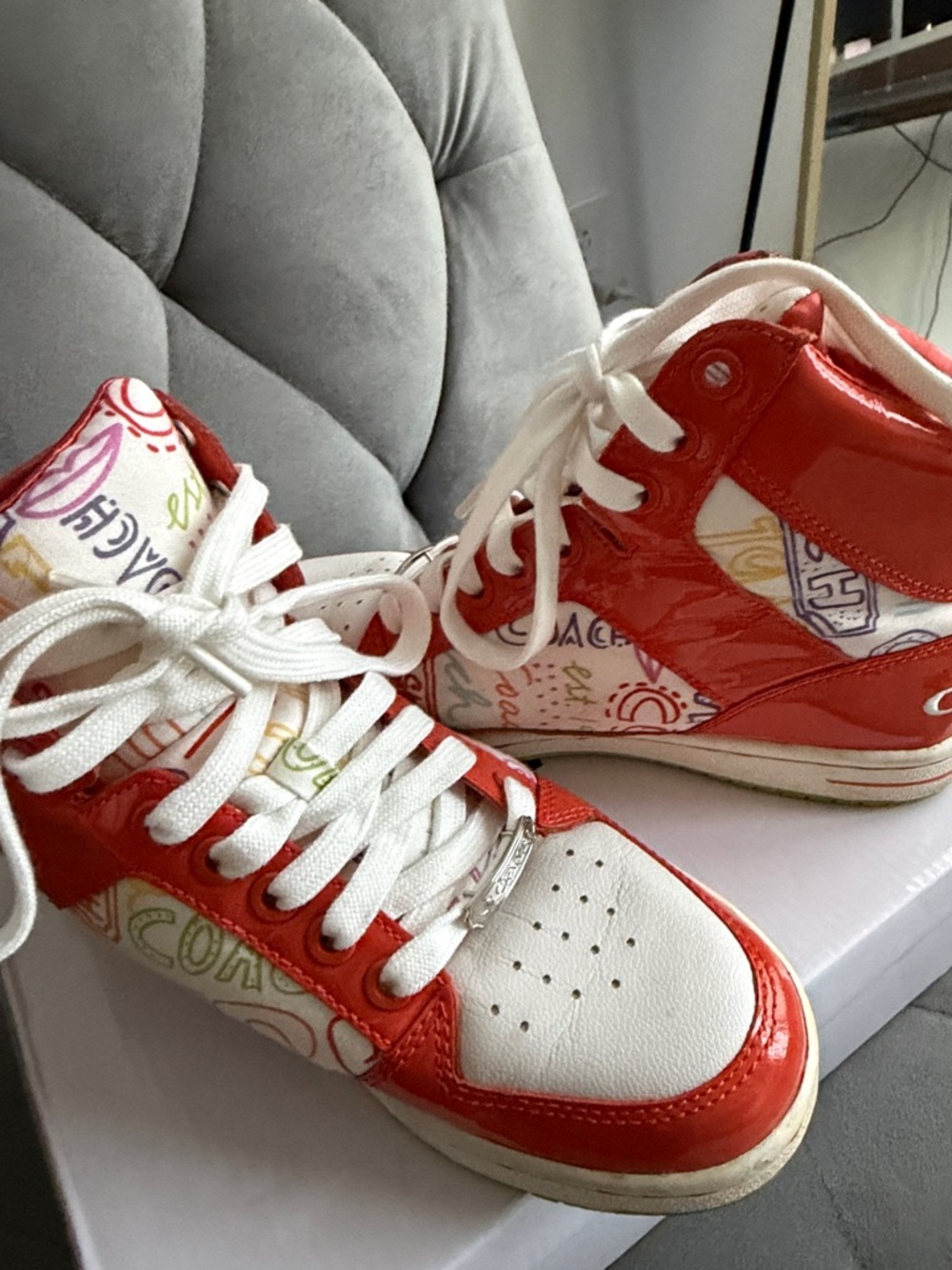 Coach Red and White High-Top Sneakers with Multicolor Graffiti Detail- Vintage